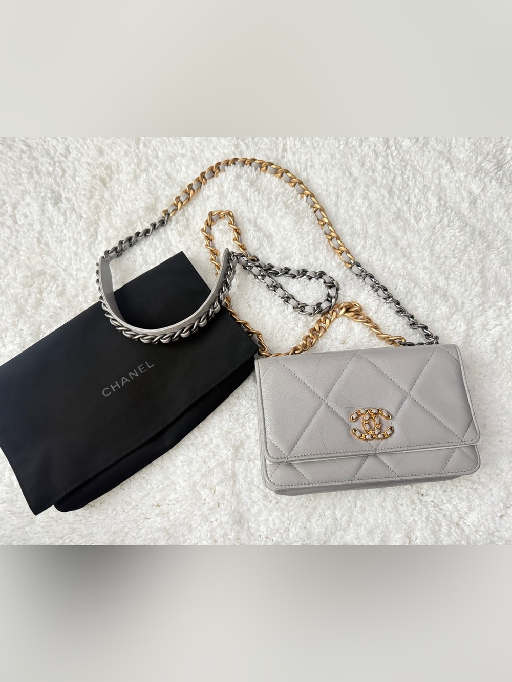 CHANEL Gray Quilted Leather Crossbody with Gold Chain